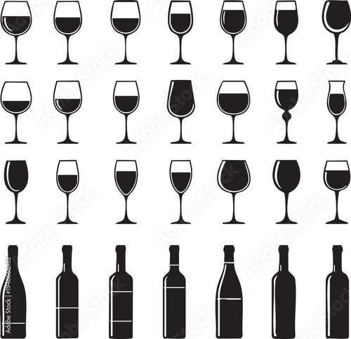 Set of wine glasses and bottles illustration vector icon for bar restaurant party drinks champagne cocktails