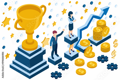 Isometric illustration depicting success achievement and business growth