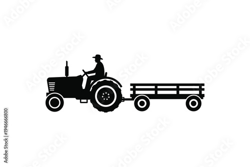 Tractor silhouette with farmer and trailer - Vector black silhouette farm tractor pulling wagon