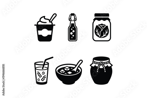 Set of fermented food icons and healthy probiotic products - Black and white symbols for kombucha yogurt and miso soup