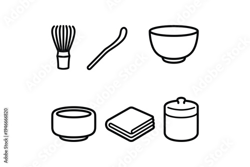 Japanese matcha tea ceremony icon set - Minimalist line art icons of matcha tea tools