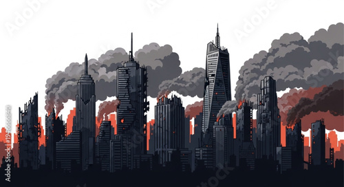 City Skyline on Fire Burning.