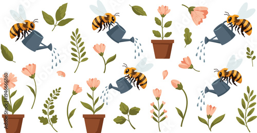 Bee Pollination and Garden Flower Watering Vector Set with Bees, Watering Cans, Potted Plants, Leaves and Blooming Spring Nature Elements