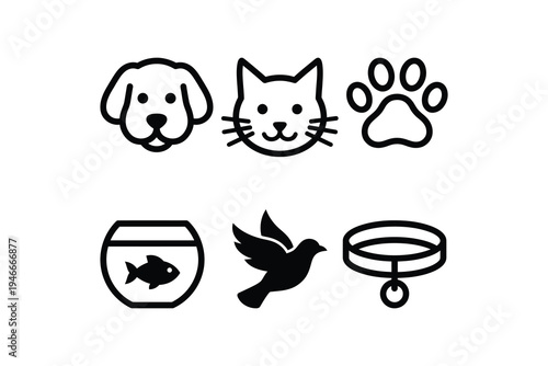Pet icons set dog cat paw print fish bird collar - Vector pet icons dog cat paw fishbowl bird pet collar
