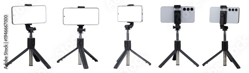 Konstfotografi Modern smartphone mounted on a tripod stand on white background