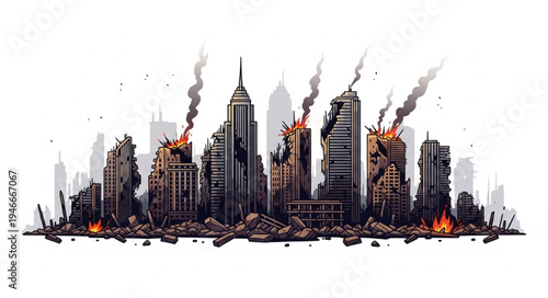 City skyline on fire burning.