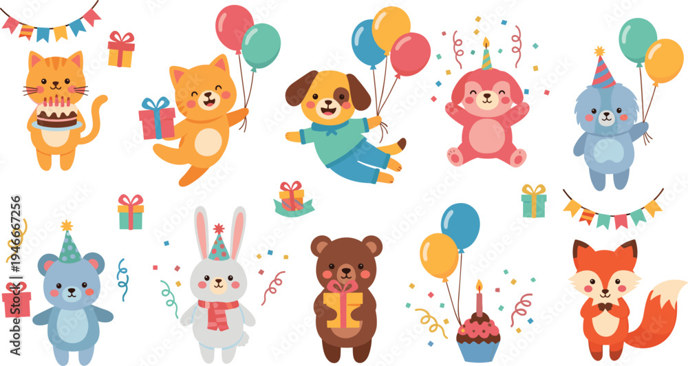 Fototapeta premium Cute Birthday Animals Set with Cats, Dogs, Bears, and Bunnies Holding Balloons, Gifts, and Party Hats