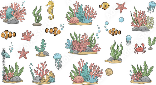 Colorful Coral Reef Set with Various Marine Life Creatures Including Fish, Jellyfish, Seahorses, and Crabs in Cartoon Style