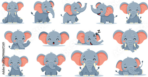 Cute Baby Elephant Cartoon Character Set with Different Emotions and Poses, Funny Wildlife Animal Expressions Collection for Kids Vector Illustration