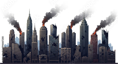 City Skyline on Fire Burning.