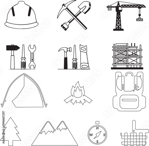 A comprehensive vector illustration set of black silhouette icons featuring camping travel gear and industrial construction symbols for energy, oil, gas, and building design
