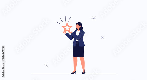 Businesswoman holding a glowing star, symbolizing success, achievement, and excellence