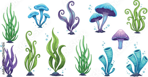 Colorful Underwater Plants and Mushrooms Set with Various Shapes and Bubbles for Ocean and Aquatic Themes