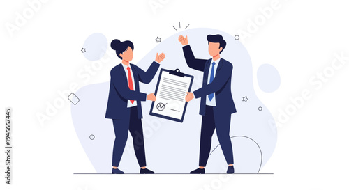 Business partners signing contract, successful deal, agreement, partnership, teamwork, illustration