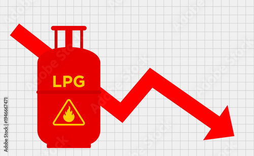 LPG gas cylinder crisis concept showing a gas cylinder with a downward red arrow over a graph background, represents supply shortage, energy crisis, and rising concerns in the gas distribution market.