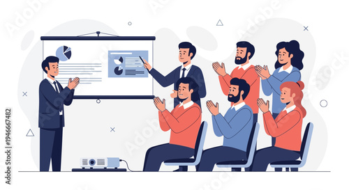 Business presentation with audience clapping, successful meeting, teamwork, and applause