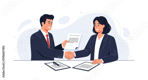 Business partners shaking hands over documents, agreement and success concept