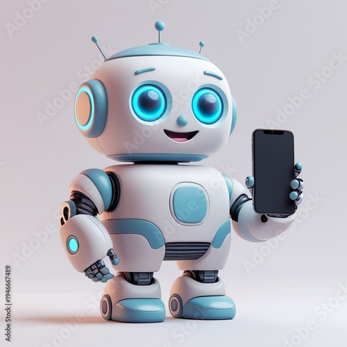 Friendly 3D Robot Mascot Character Holding Smartphone