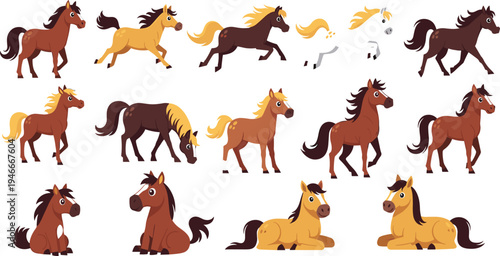Cute Cartoon Horse Character Set with Running, Standing and Sitting Poses, Farm Animal Illustration Collection for Kids Design Vector