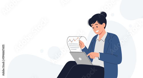 Woman analyzing financial report on laptop, business concept
