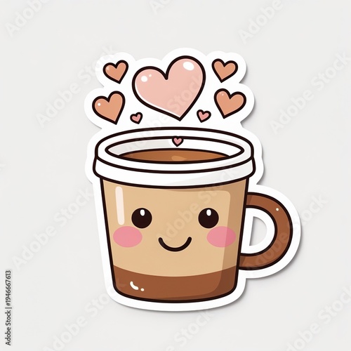 Cute Kawaii Coffee Cup Mascot Sticker with Smiling Face