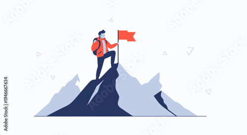 Man Climbs Mountain Peak, Reaches Summit with Red Flag, Symbolizing Success and Achievement