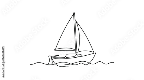 Minimalist Line Art of a Sailboat on Wavy Water.