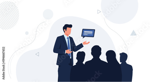 Businessman Presenting to Audience, Speech Bubble Icon, Business Meeting, Presentation