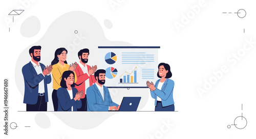 Business team applauding success during presentation with charts on screen