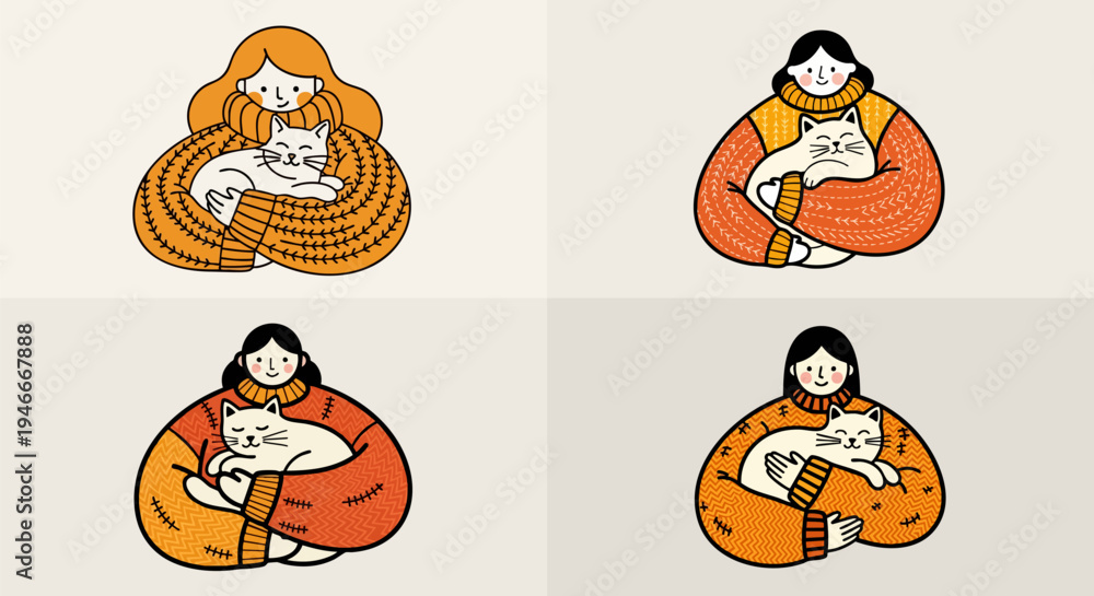 Fototapeta premium Cozy illustration set woman hugging beloved cat warmly