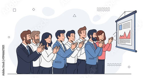 Team applauds successful presentation with charts on screen