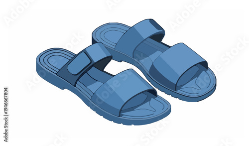 Men summer blue rubber sandals isometric vector casual beach footwear isolated on white