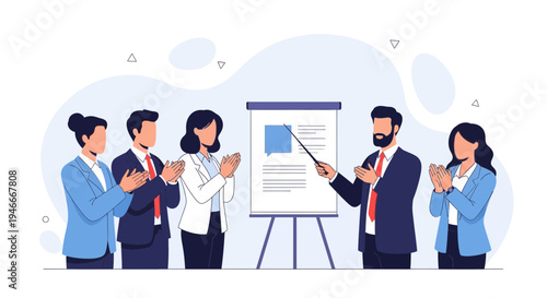 Business presentation success: team applauds speaker at whiteboard meeting