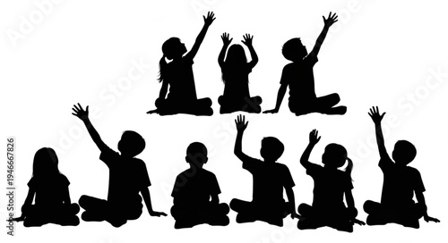 Children Silhouettes Raising Hands.