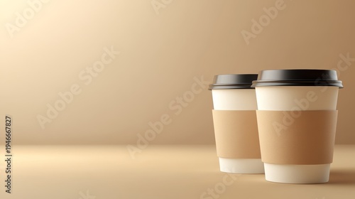 Wallpaper Mural Two disposable coffee cups with brown sleeves against soft gradient beige background Torontodigital.ca