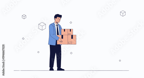 Man in Suit Carrying Stack of Cardboard Boxes, Business Logistics Concept
