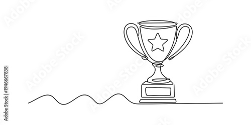 Continuous line drawing of a winner trophy cup with a star on a white background Vector, illustration