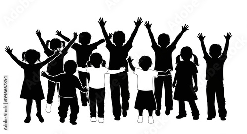 Children Silhouettes Raising Hands.