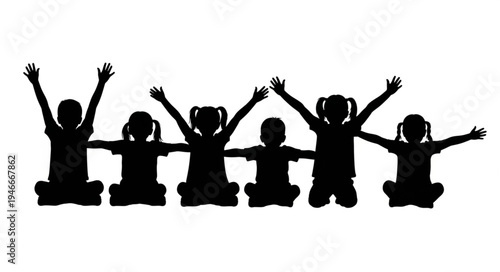 Children Silhouettes Raising Hands.