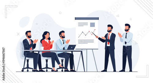 Business meeting with presentation and applause, team success, corporate strategy