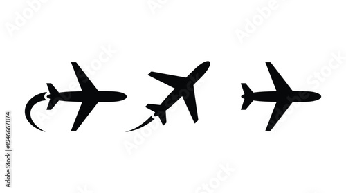 Three black airplanes in different flight positions on a white background