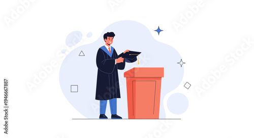 Graduation Ceremony: Graduate in Cap and Gown at Podium with Mortarboard