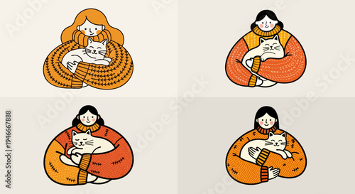 Cozy illustration set woman hugging beloved cat warmly