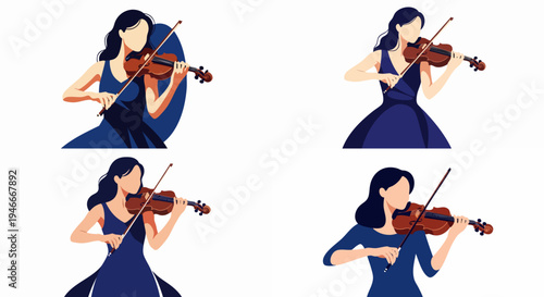 Collection of vector illustrations featuring female violinist playing music