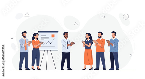 Business team applauding success after presentation with graph on whiteboard
