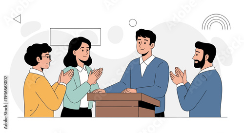 Team applauding speaker at podium, celebrating achievement, business meeting success