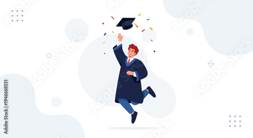 Happy Graduate Jumping with Graduation Cap and Confetti, Celebrating Success
