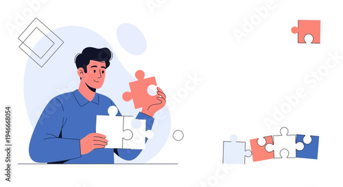 Man assembling puzzle pieces, teamwork concept, problem solving, strategy, business solution