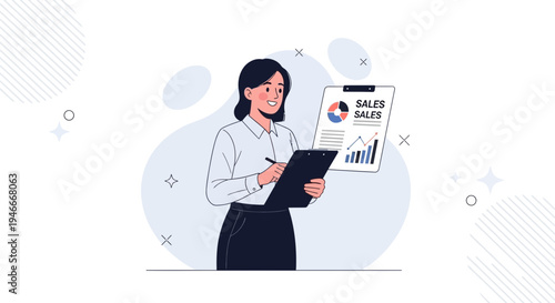 Businesswoman analyzing sales charts and graphs on clipboard, modern flat illustration