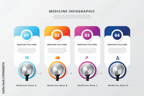 A colorful medicine infographic template with four sections and stethoscope icons